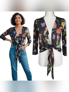 Only Hearts NYC Mesh Tie-Front Top Tattoo Print Pin Up Rockabily Cowboycore M/L